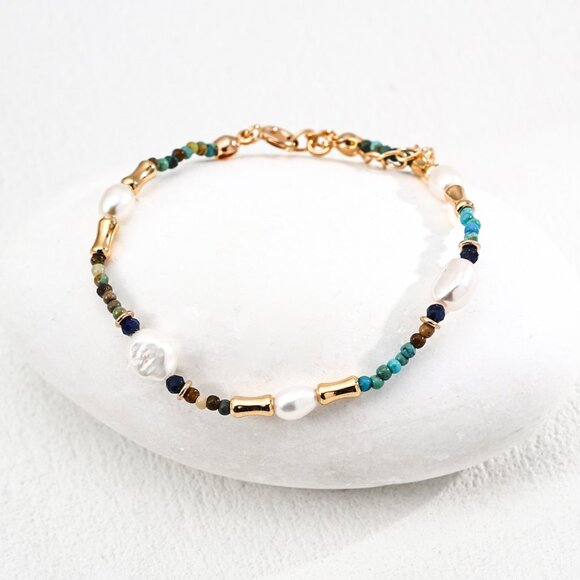Handmade Jewelry - ✨ Artisan Original Pearl, Lapis & Turquoise Multi-Gemstone Bracelet | S925